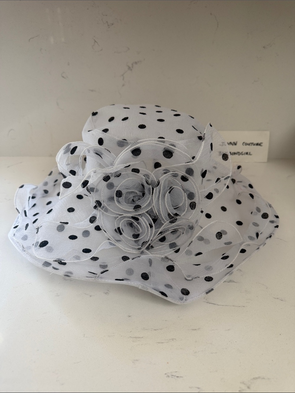 New Polka Dot Organza Floral Trim Women's Hat in White and Black! Kentucky Derby